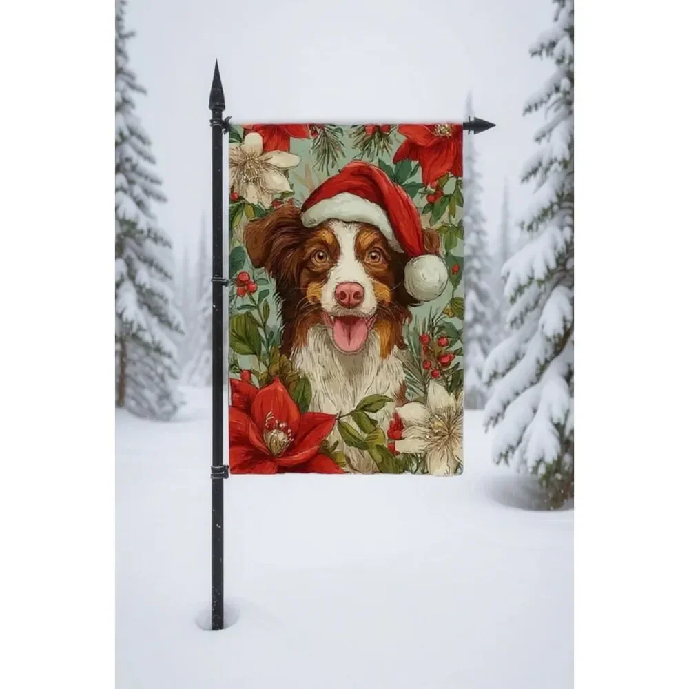 Christmas Brown Border Collie Garden Flag 12x18 – Santa Hat Dog Holiday Outdoor